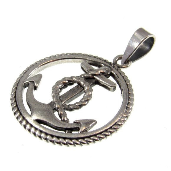 Solid 925 Sterling Silver Round Anchor and Rope Pendant - Sailorcore Jewelry - Picture 7 of 8
